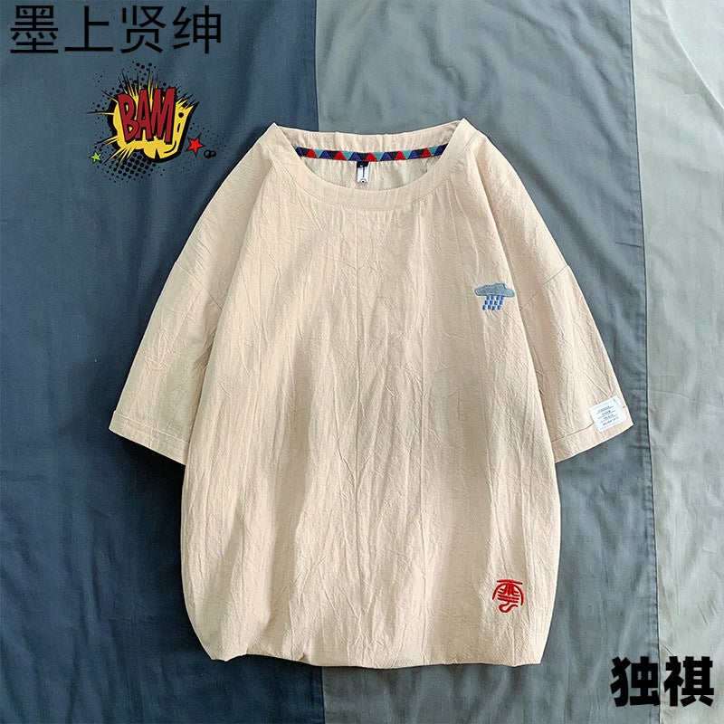 Linen Short-Sleeved T-Shirt Men'S Summer Loose Cotton And Linen Men'S Top Koi Embroidered Plus Size Men'S Half-Sleeved T-Shirt - Image 5