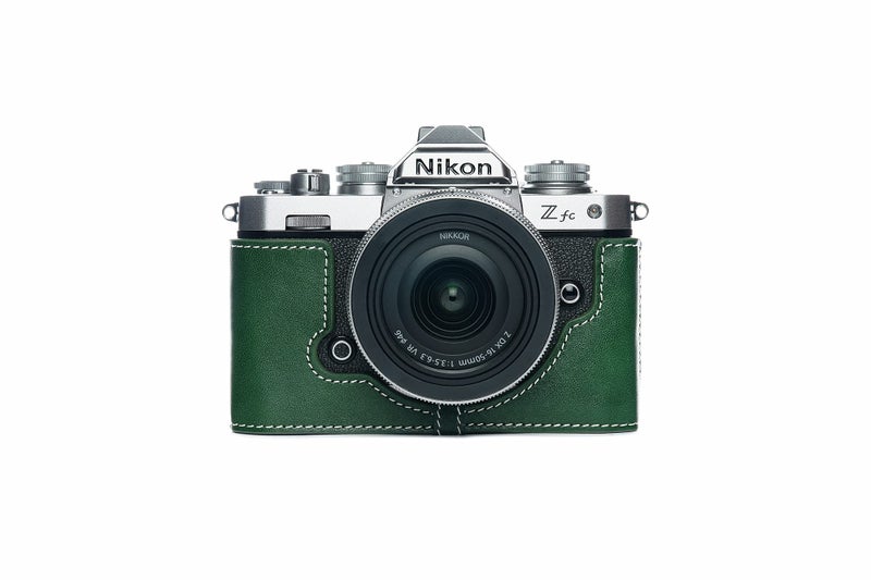 BolinUS Z fc Zfc Camera Case, BolinUS Handmade Genuine Real Leather Half Camera Case Bag Cover for Nikon Z fc Zfc Camera Bottom Opening Version + Hand Strap (Green) - Image 1