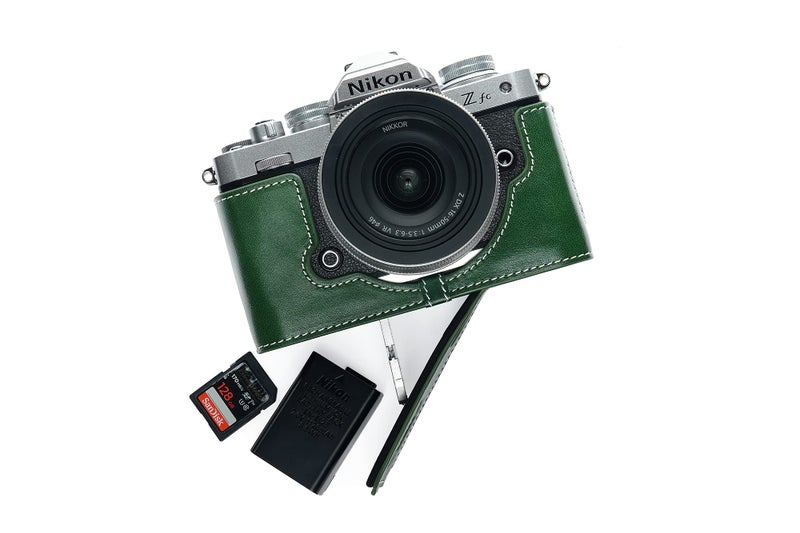 BolinUS Z fc Zfc Camera Case, BolinUS Handmade Genuine Real Leather Half Camera Case Bag Cover for Nikon Z fc Zfc Camera Bottom Opening Version + Hand Strap (Green) - Image 3
