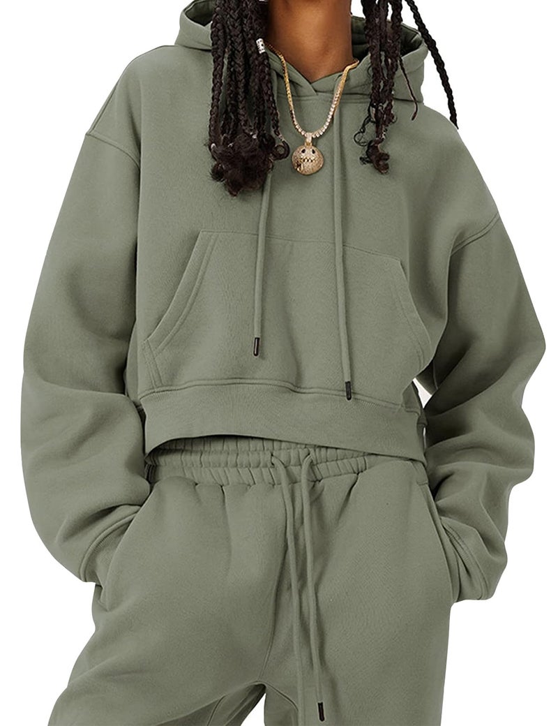 Eisctnd Women Fleece 2 Piece Tracksuits Fall Winter Sweatshirt Jogger Pants Matching Lounge Sets Thick Sweatsuits Pockets(GreyGreen-S) - Image 1