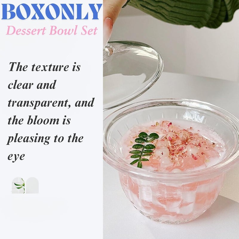 Boxonly طقم أطباق حلوى زجاجية مع غطاء سعة 210 مل زجاج شفاف مصنوعة يدويًا لأيس كريم بودنغ وجبات خفيفة يتضمن 2 طبق و2 ملعقة من زهور الكرز تصميم عصري بسيط للاستخدام المنزلي - Image 2