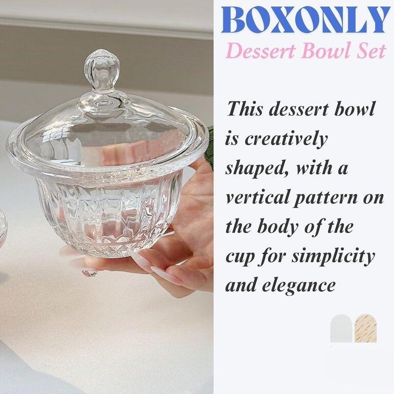 Boxonly طقم أطباق حلوى زجاجية مع غطاء سعة 210 مل زجاج شفاف مصنوعة يدويًا لأيس كريم بودنغ وجبات خفيفة يتضمن 2 طبق و2 ملعقة من زهور الكرز تصميم عصري بسيط للاستخدام المنزلي - Image 3