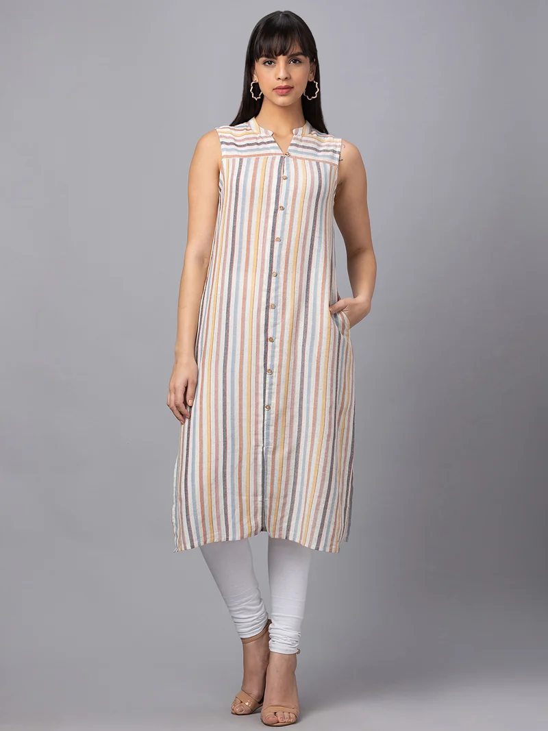 globus Women Striped Cotton Sleeveless Kurta