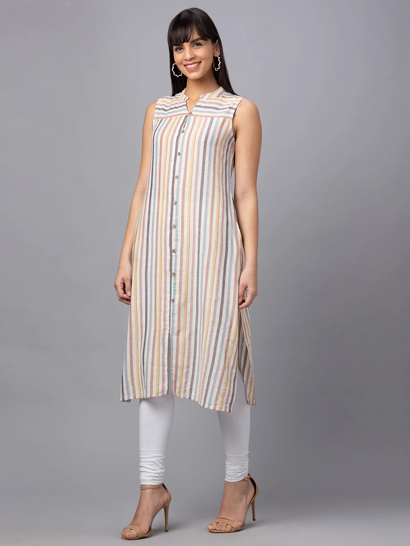 globus Women Striped Cotton Sleeveless Kurta