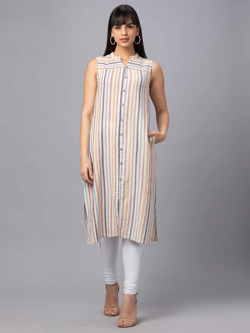 globus Women Striped Cotton Sleeveless Kurta