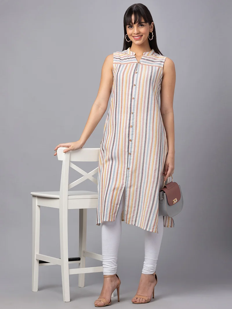 globus Women Striped Cotton Sleeveless Kurta