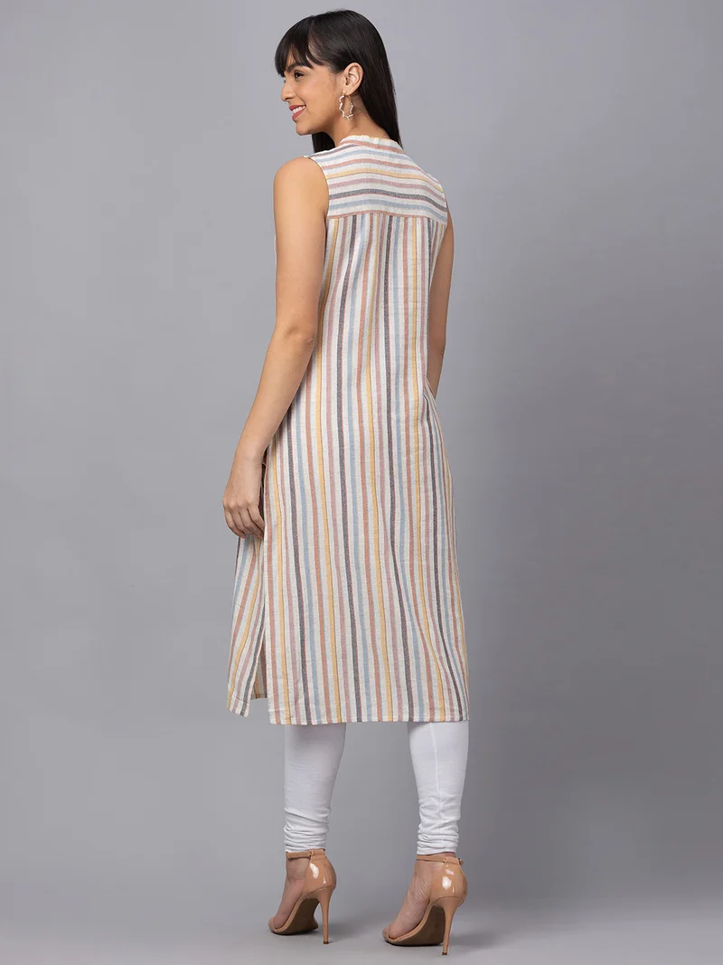 globus Women Striped Cotton Sleeveless Kurta