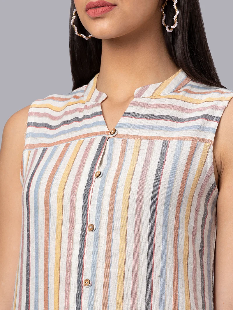 globus Women Striped Cotton Sleeveless Kurta