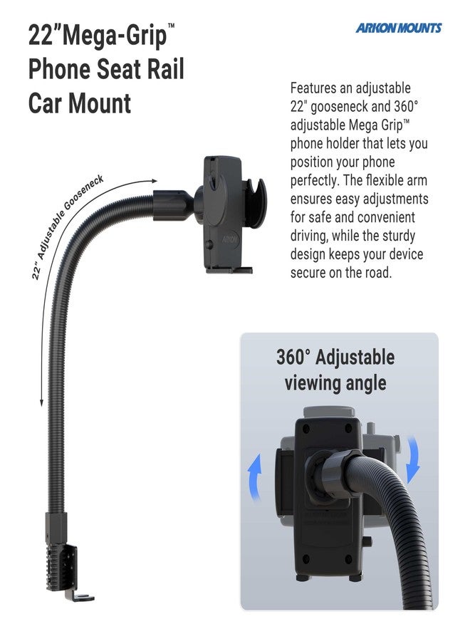 ARKON Mounts - Phone Holder with Car Seat Rail Mount | Car Phone Stand with Flexible 22" Arm | Professional-Grade Durability | Phone Holder For Car | For iPhone, Samsung, Google, Nokia, other phones - Image 2