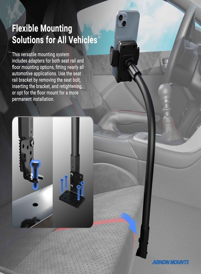 ARKON Mounts - Phone Holder with Car Seat Rail Mount | Car Phone Stand with Flexible 22" Arm | Professional-Grade Durability | Phone Holder For Car | For iPhone, Samsung, Google, Nokia, other phones - Image 4