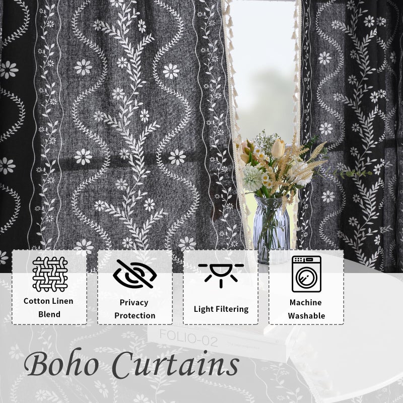 Schweek Boho Curtains 84 Inch Length Farmhouse Curtains for Living Room 2 Panels, Linen Semi Sheer Vintage Farmhouse Printed Floral Rustic Drapes Black - Image 4