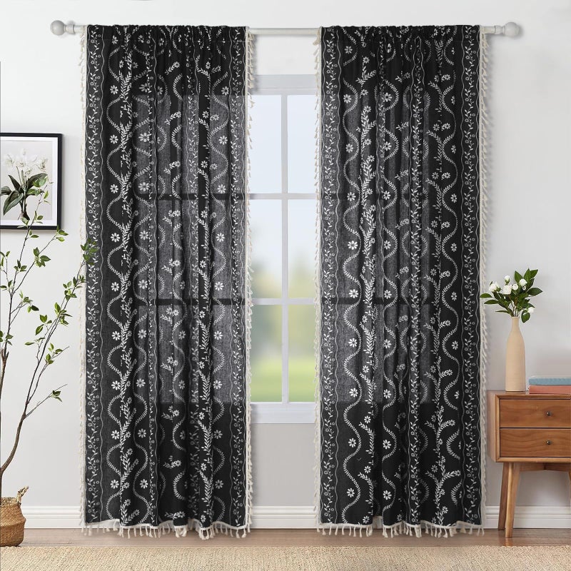 Schweek Boho Curtains 84 Inch Length Farmhouse Curtains for Living Room 2 Panels, Linen Semi Sheer Vintage Farmhouse Printed Floral Rustic Drapes Black - Image 2