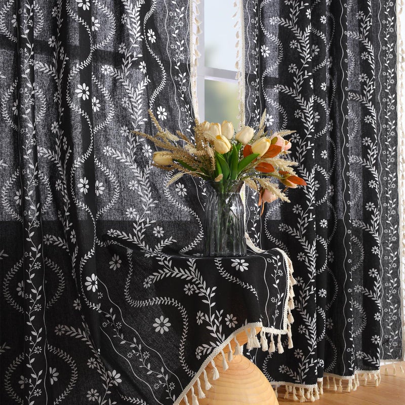 Schweek Boho Curtains 84 Inch Length Farmhouse Curtains for Living Room 2 Panels, Linen Semi Sheer Vintage Farmhouse Printed Floral Rustic Drapes Black - Image 1