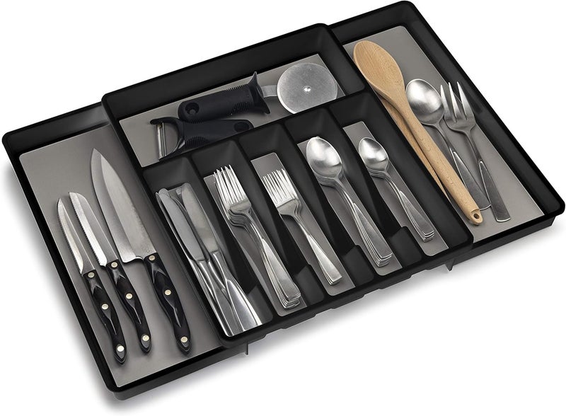 ELTOW Expandable Silverware Drawer Organizer, 8 Compartment Non-Slip & Adjustable Silverware Trays For Kitchen Drawers, Kitchen Organization for Utensils, Cutlery, Flatware Storage - Black - Image 1