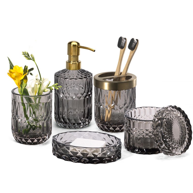 EMPO 6PCS Bathroom Clear Glass Accessories Set Lotion Soap Dispenser Soap Dish Toothbrush Holder Tumbler Cotton Swab Jar Contemporary Modern Decor Crystal Clear Vintage Gift 6pcs Gray