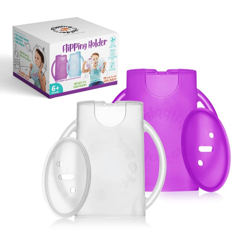 Flipping Holder حامل أكياس الطعام المضاد للضغط للأطفال، الرضع، والأولاد، حامل مشروبات عصير بدون ضغط وحامل وجبات خفيفة من صلصة التفاح مع مقابض سهلة الإمساك وغطاء - Image 1