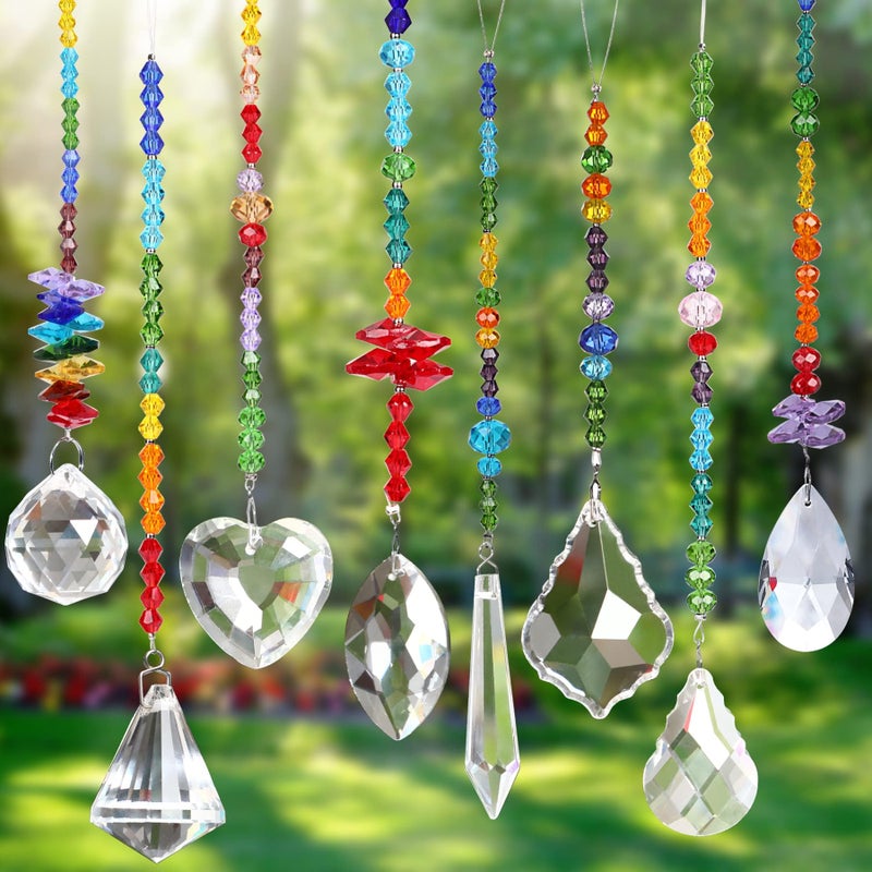 JULMELON JULMELON 8 Pieces Colorful Crystals Suncatcher Hanging for Window Rainbow Octogon Chakra Pendants Suncatchers with Crystals Beads Chain for Home Garden Christmas Day Party Wedding Decoration 
