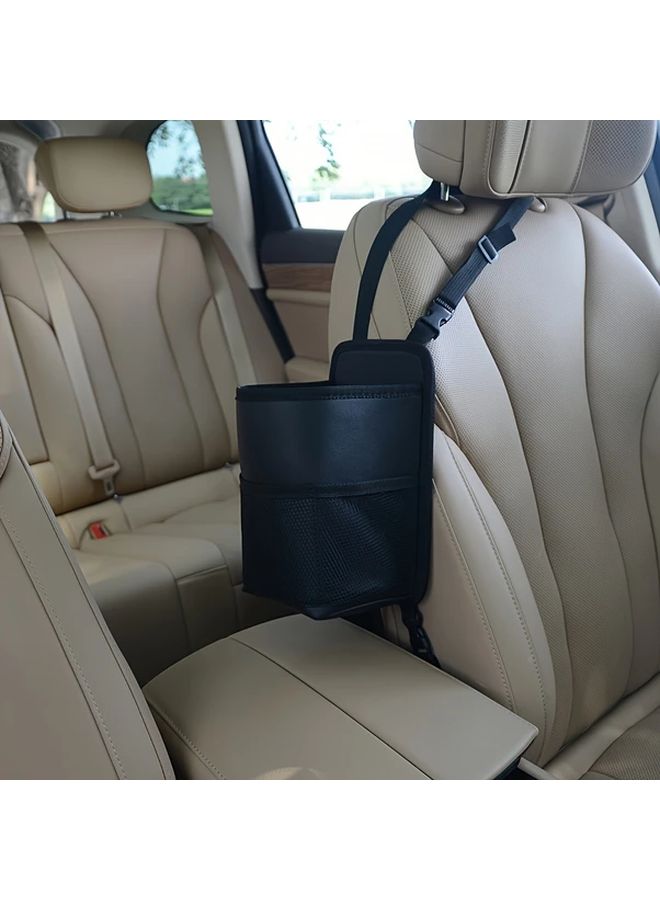 Black Faux Leather Car Seat Organizer With Bottle Holder And Storage - Image 1