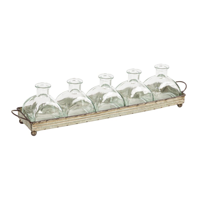 Creative Co-Op Decorative Iron Rectangle Tray with Handles & 5 Glass Vases - Image 1