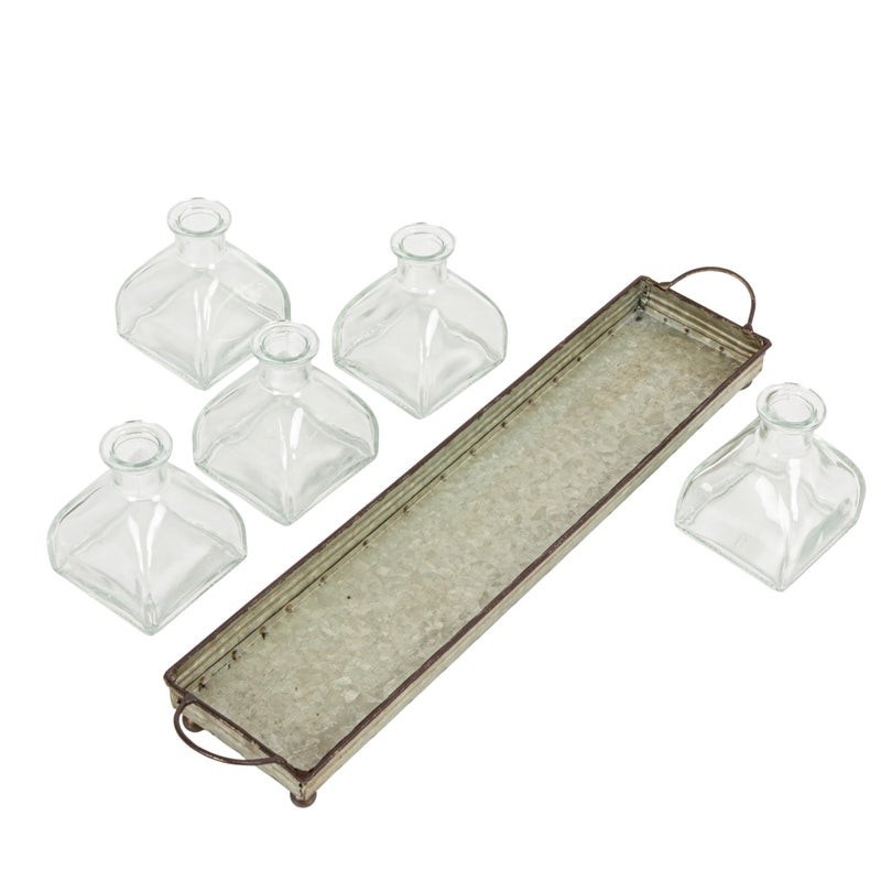 Creative Co-Op Decorative Iron Rectangle Tray with Handles & 5 Glass Vases - Image 5