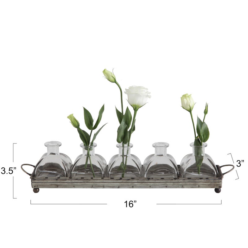 Creative Co-Op Decorative Iron Rectangle Tray with Handles & 5 Glass Vases - Image 2