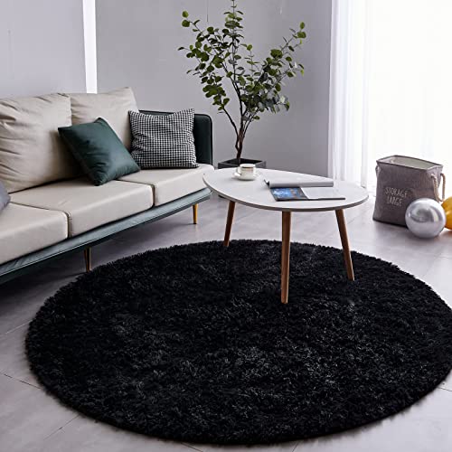 FJZFING Black Round Rug Ultra-Soft Plush Modern 4x4 Circle Area Rug for Kid's Bedroom, Fluffy Shag Circular Rug for Nursery Room, Non-Slip Home Decor Cute Black Carpet for Teen's Room - Image 2