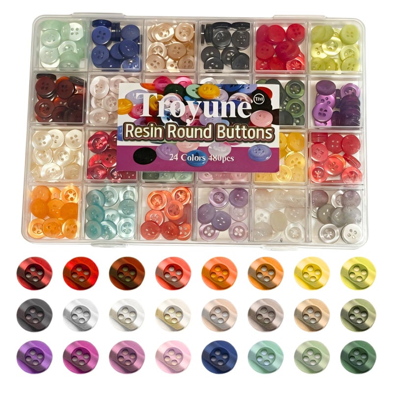 Troyune 480 pcs Resin Buttons for Sewing, 11.5mm 4-Hole Flat Shank Buttons, 24 Assorted Pearlized Colors for Crafting, Clothing, DIY Projects - with Convenient Storage Case - Image 1