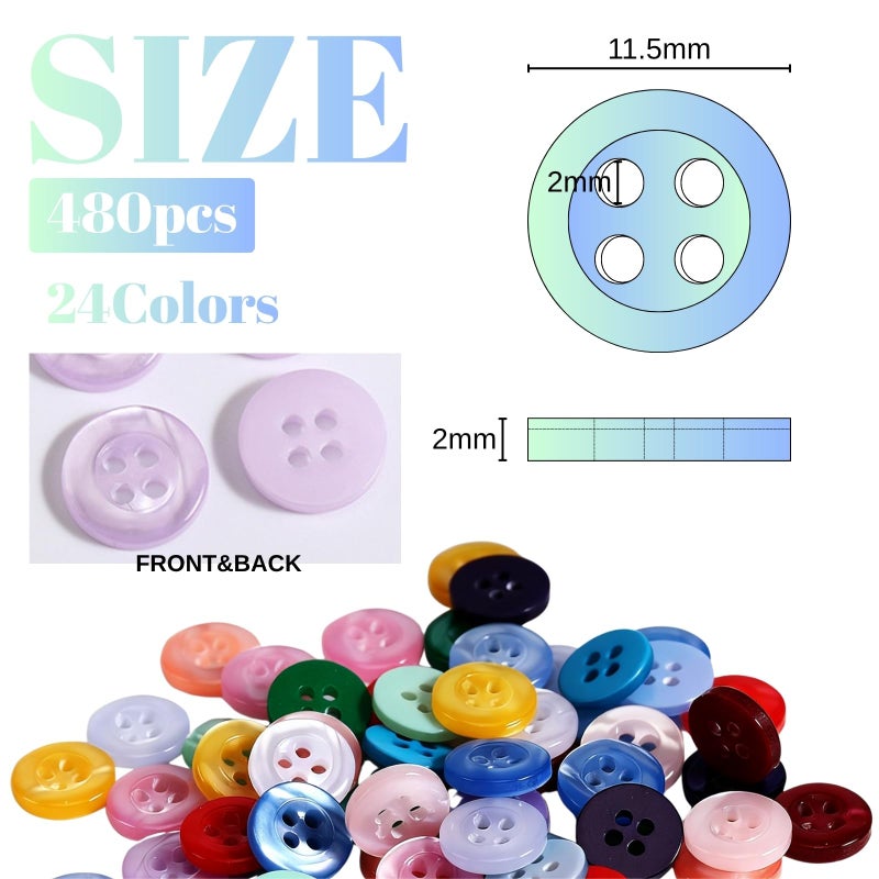 Troyune 480 pcs Resin Buttons for Sewing, 11.5mm 4-Hole Flat Shank Buttons, 24 Assorted Pearlized Colors for Crafting, Clothing, DIY Projects - with Convenient Storage Case - Image 2