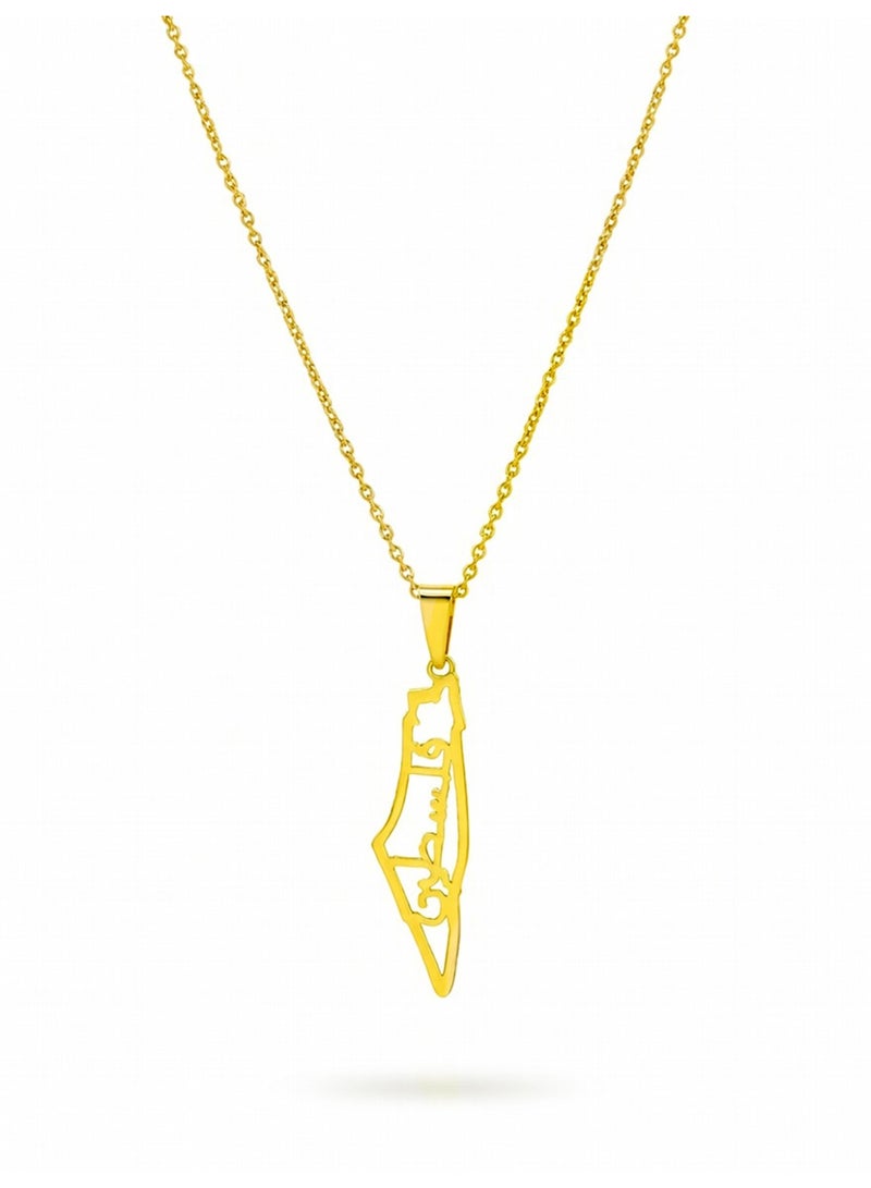 جوليا ستور قلادة خريطة فلسطين مع كلمة فلسطين، للرجال والنساء، مطلية بالذهب عيار 21 قيراط، مصنوعة من الفولاذ المقاوم للصدأ، فاخرة، مضادة للحساسية، هدية مجوهرات للجنسين - Image 1