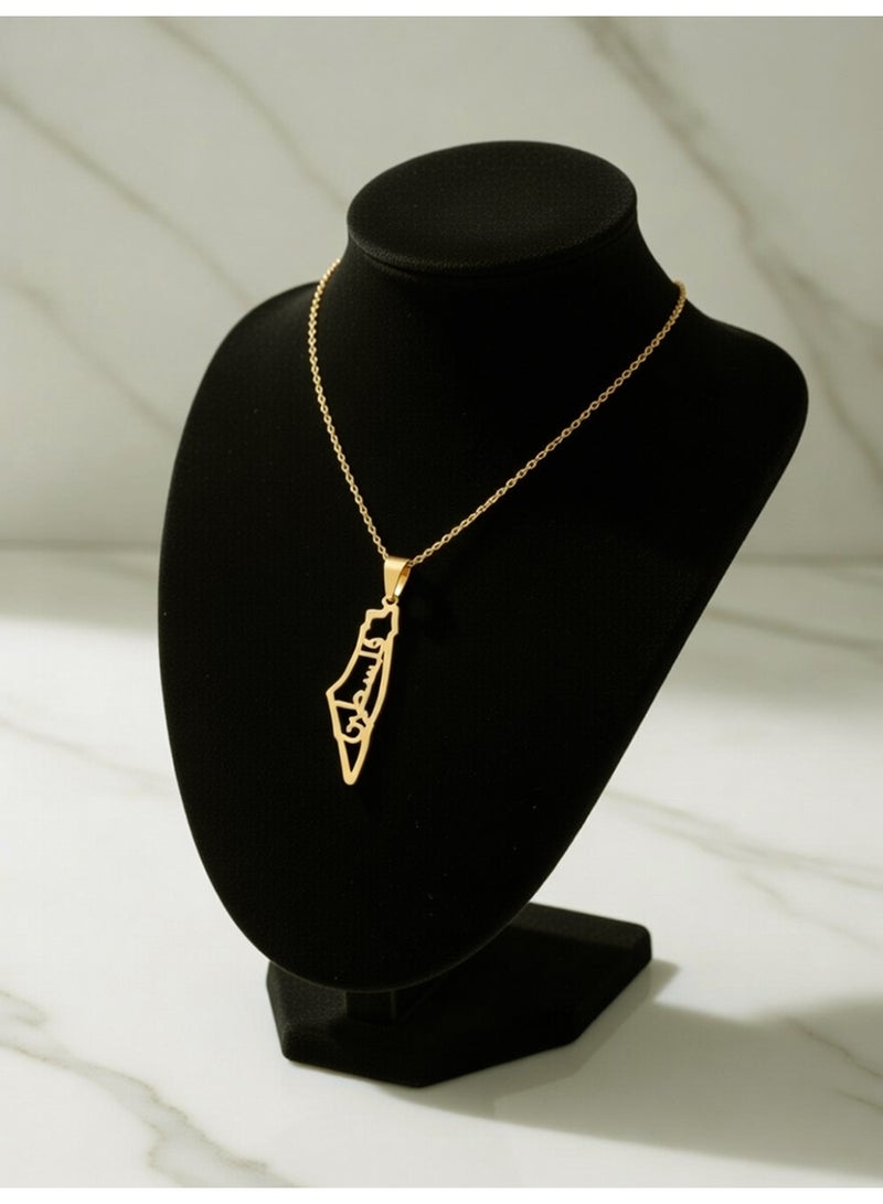 جوليا ستور قلادة خريطة فلسطين مع كلمة فلسطين، للرجال والنساء، مطلية بالذهب عيار 21 قيراط، مصنوعة من الفولاذ المقاوم للصدأ، فاخرة، مضادة للحساسية، هدية مجوهرات للجنسين - Image 2