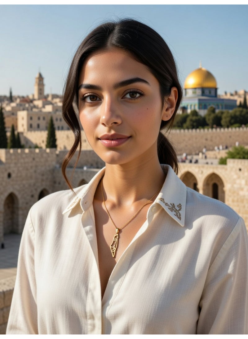 جوليا ستور قلادة خريطة فلسطين مع كلمة فلسطين، للرجال والنساء، مطلية بالذهب عيار 21 قيراط، مصنوعة من الفولاذ المقاوم للصدأ، فاخرة، مضادة للحساسية، هدية مجوهرات للجنسين - Image 3