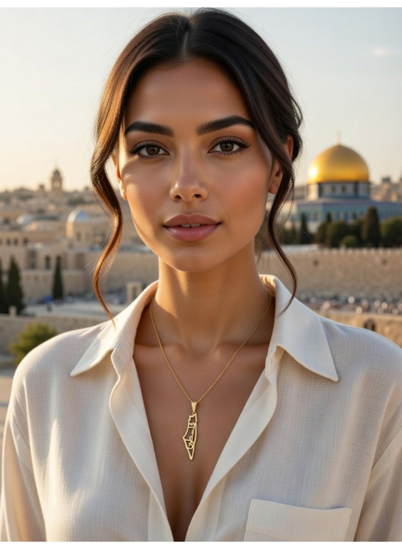 جوليا ستور قلادة خريطة فلسطين مع كلمة فلسطين، للرجال والنساء، مطلية بالذهب عيار 21 قيراط، مصنوعة من الفولاذ المقاوم للصدأ، فاخرة، مضادة للحساسية، هدية مجوهرات للجنسين - Image 5