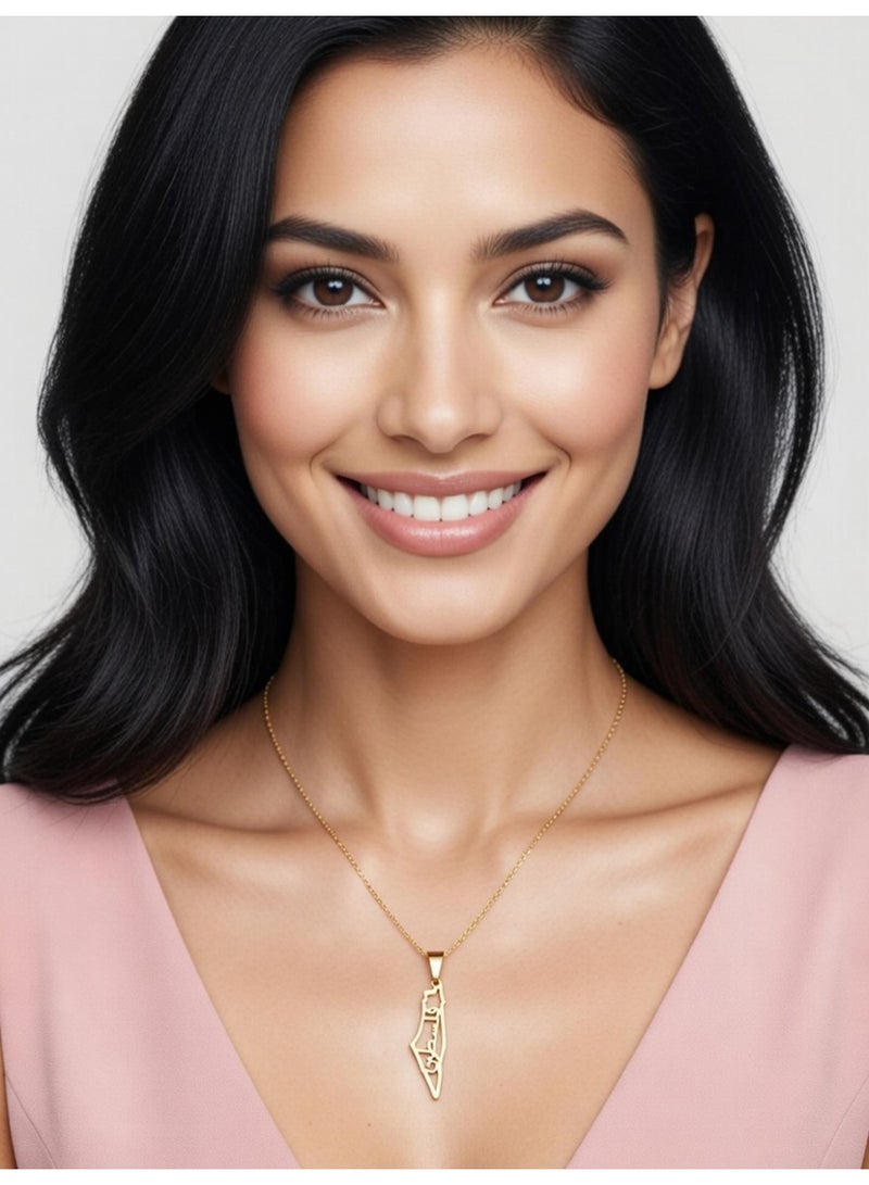 جوليا ستور قلادة خريطة فلسطين مع كلمة فلسطين، للرجال والنساء، مطلية بالذهب عيار 21 قيراط، مصنوعة من الفولاذ المقاوم للصدأ، فاخرة، مضادة للحساسية، هدية مجوهرات للجنسين - Image 4