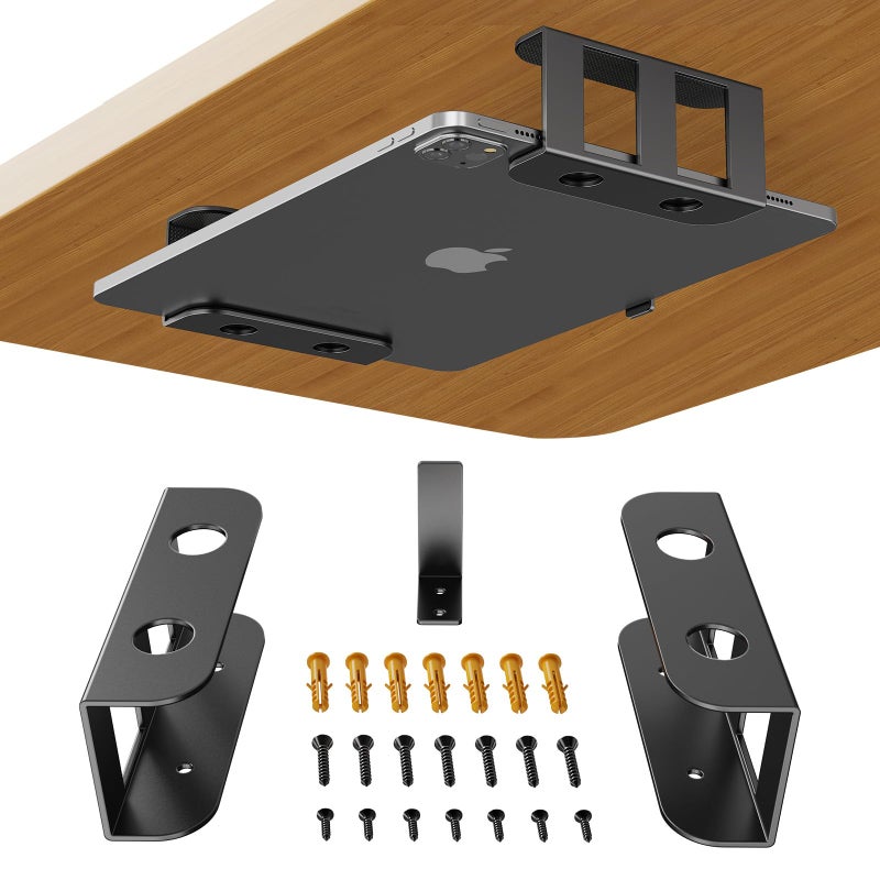BYMECOST Under Desk Laptop Storage Mount, Metal Under Desk Device Holder, for Devices Up to 2.1" Thick, MacBook, Mini, Keyboard, Router, with Anti-Scratch Silicone (Black) - Image 1