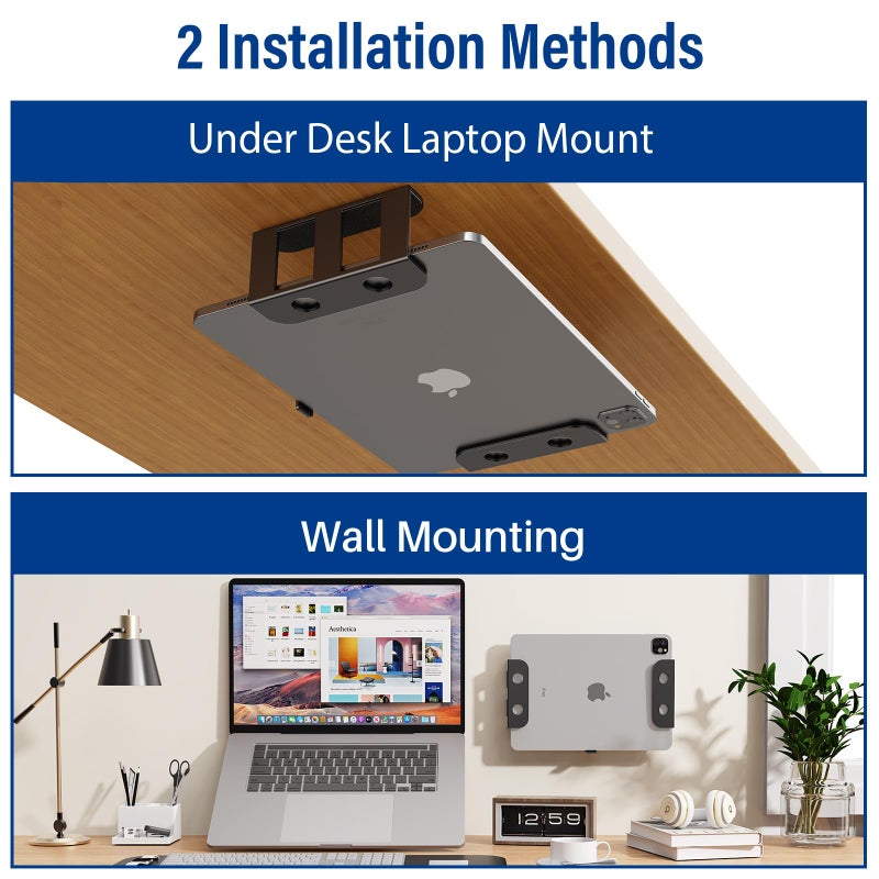 BYMECOST Under Desk Laptop Storage Mount, Metal Under Desk Device Holder, for Devices Up to 2.1" Thick, MacBook, Mini, Keyboard, Router, with Anti-Scratch Silicone (Black) - Image 2