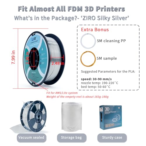 ZIRO PLA 3D Printer Filament, Metallic Glossy Pure Color 1.75mm PLA Filament, Shiny Shine Printing Material, 1.75mm 1KG/2.2lbs Spool, Silky Silver - Image 4
