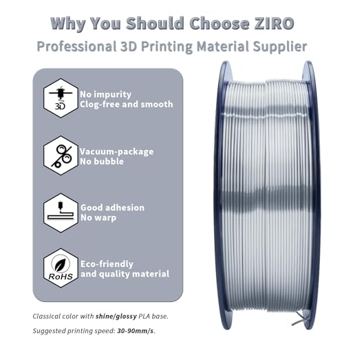 ZIRO PLA 3D Printer Filament, Metallic Glossy Pure Color 1.75mm PLA Filament, Shiny Shine Printing Material, 1.75mm 1KG/2.2lbs Spool, Silky Silver - Image 2
