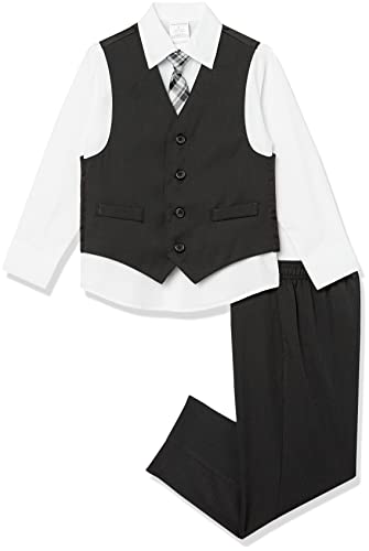 Van Heusen Boys' 4-Piece Formal Suit Set, Vest, Pants, Collared Dress Shirt, and Tie, Black/White Stripe, 4T - Image 5