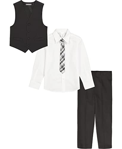 Van Heusen Boys' 4-Piece Formal Suit Set, Vest, Pants, Collared Dress Shirt, and Tie, Black/White Stripe, 4T - Image 2