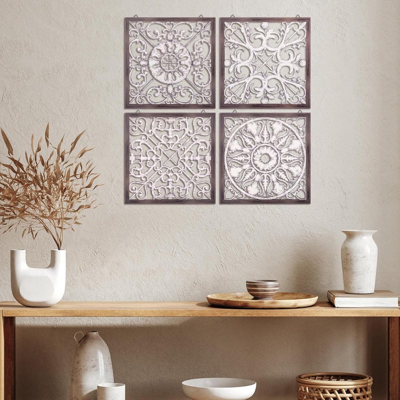 Tatuo 4 Pcs Wood Wall Art Wall Decor Farmhouse Wall Decor for Living Room Wooden Decorative Wood Panels Modern Wall Plaque for Home Kitchen Dining Room(Brown, White,Square) - Image 5