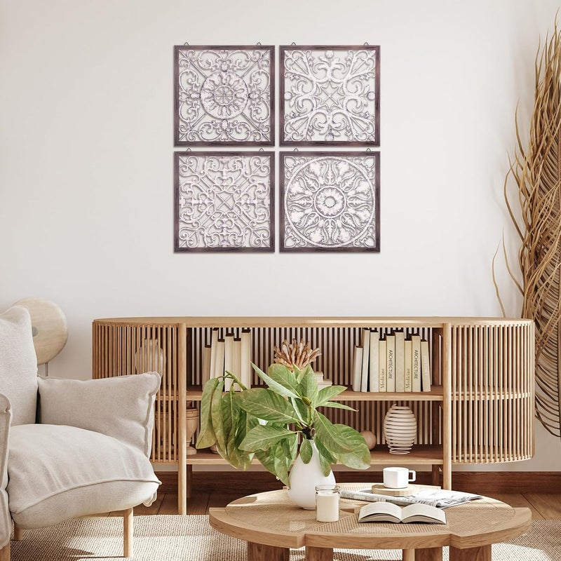 Tatuo 4 Pcs Wood Wall Art Wall Decor Farmhouse Wall Decor for Living Room Wooden Decorative Wood Panels Modern Wall Plaque for Home Kitchen Dining Room(Brown, White,Square) - Image 4