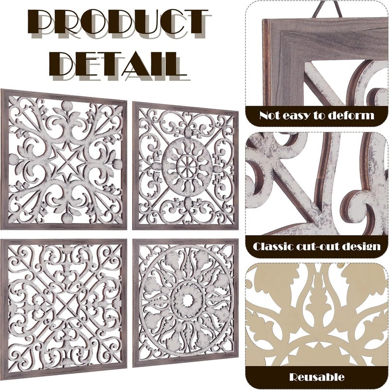 Tatuo 4 Pcs Wood Wall Art Wall Decor Farmhouse Wall Decor for Living Room Wooden Decorative Wood Panels Modern Wall Plaque for Home Kitchen Dining Room(Brown, White,Square) - Image 2