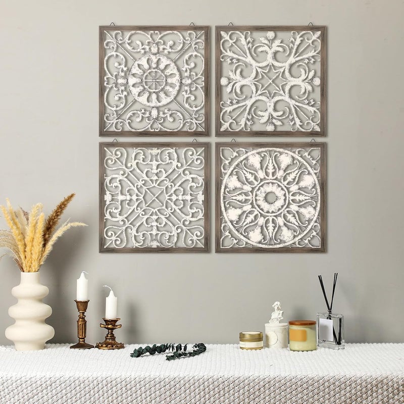 Tatuo 4 Pcs Wood Wall Art Wall Decor Farmhouse Wall Decor for Living Room Wooden Decorative Wood Panels Modern Wall Plaque for Home Kitchen Dining Room(Brown, White,Square) - Image 1