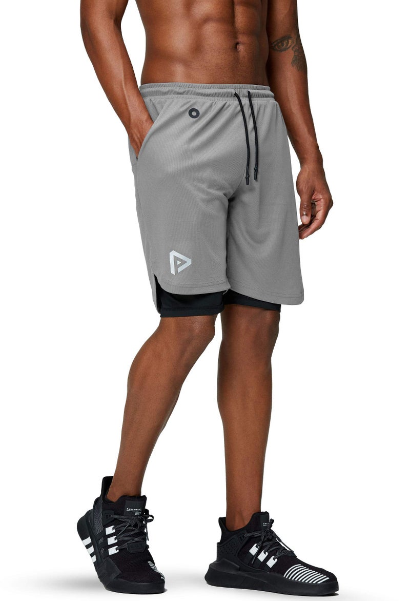 Pinkbomb Men's 2 in 1 Running Shorts Gym Workout Quick Dry Mens Shorts with Phone Pocket (Light Grey, X-Large - Image 4