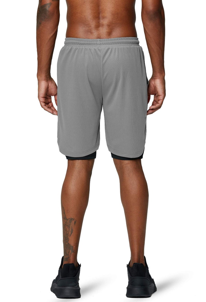 Pinkbomb Men's 2 in 1 Running Shorts Gym Workout Quick Dry Mens Shorts with Phone Pocket (Light Grey, X-Large - Image 5