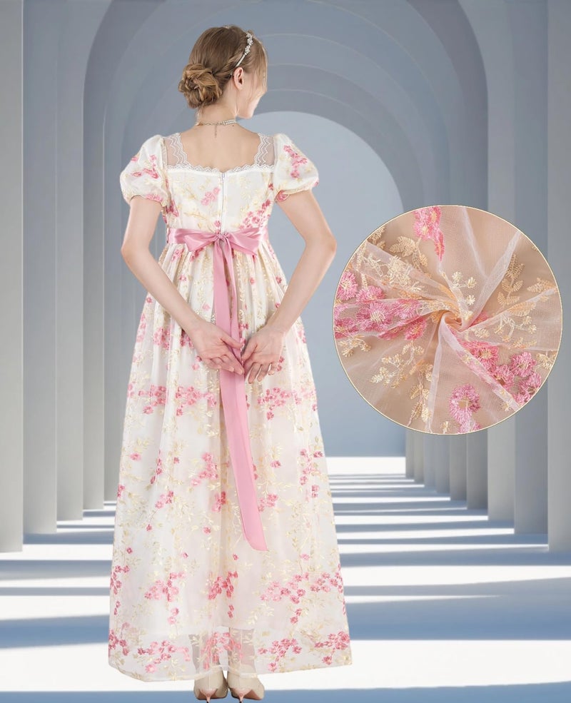 NSPSTT Golden Regency Dresses for Women Plus Size Victorian Ball Gown with Long White Gloves,pink, S - Image 4