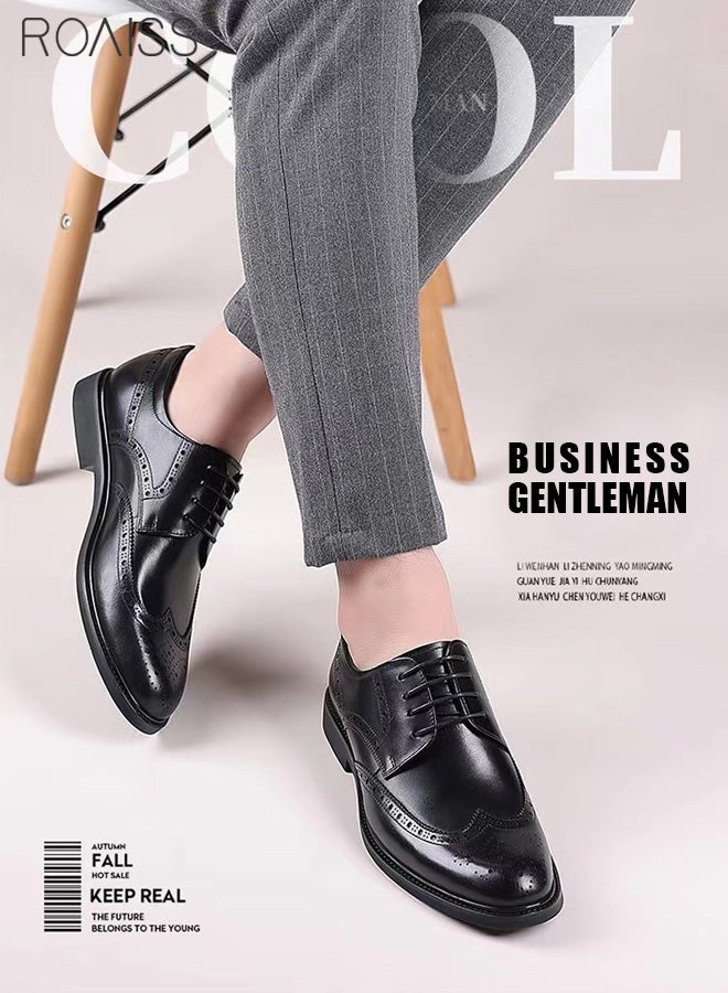 Men Pointed Leather Shoes with Hollow-carved Design, Low Top Lace-up Formal Shoes with Non Slip Sole, Stylish Dress Shoes for Men, Simple Classic Business Leather Shoes, Suitable for Daily Wear, Business, Wedding and Outdoor Activities