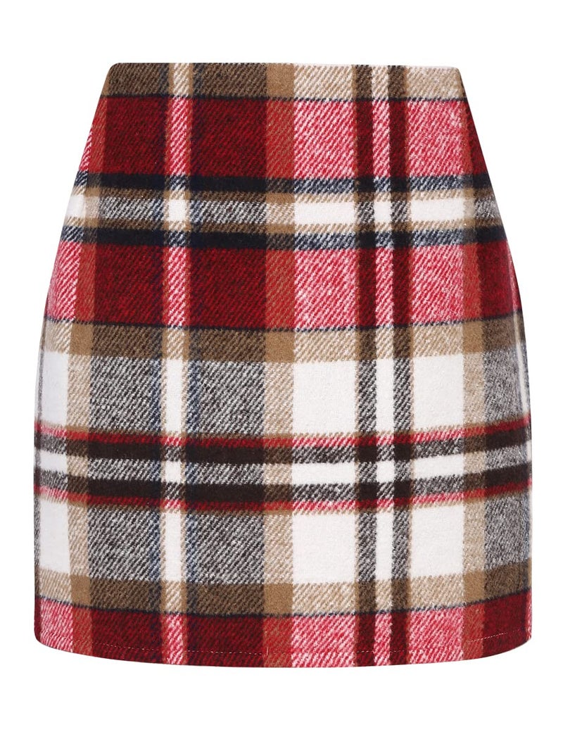 IDEALSANXUN Christmas Outfits for Women 2025 Clothes Fashion Red Plaid Dress Wool Mini Christmas Skirts, Wine, M - Image 1