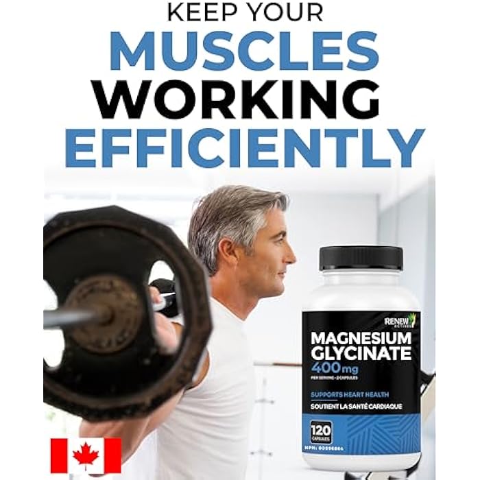 RENEW ACTIVES Magnesium Glycinate 400MG per 2 Capsules Pure Magnesium Bisglycinate for Full Body Relaxation, Sleep, Muscles, Bones & Energy - Electrolyte Balance - Made in Canada -120 Capsules - Image 2