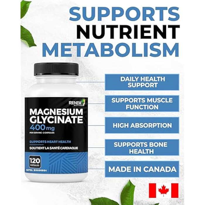 RENEW ACTIVES Magnesium Glycinate 400MG per 2 Capsules Pure Magnesium Bisglycinate for Full Body Relaxation, Sleep, Muscles, Bones & Energy - Electrolyte Balance - Made in Canada -120 Capsules - Image 5
